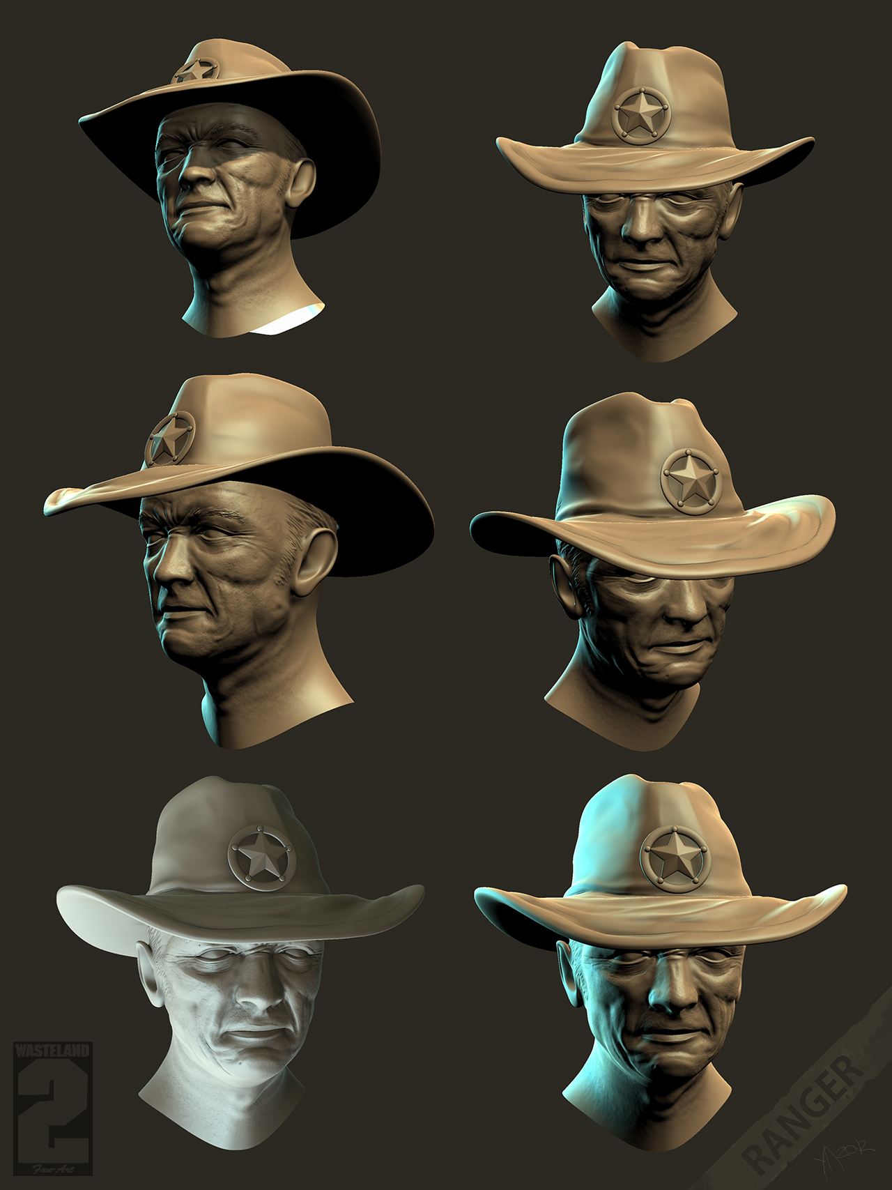 Character research - Ranger - Face variation with angles, relief person, li